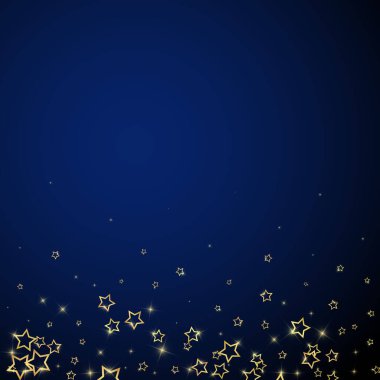Parıldayan yıldızlar rastgele dağılmış, uçuyor, düşüyor, yüzüyor. Noel kutlaması kavramı. Koyu mavi arkaplanda kutlama yıldızları vektör illüstrasyonu.
