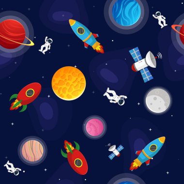 Uzay çizgi filmi kusursuz desen. Çocukların kumaş ve ambalaj kağıtları için şirin bir tasarım. Açık alanda gezegenler ve yıldızlar. Çocuksu galaksi sahnesi. Uzay çizgi film vektör illüstrasyonu.