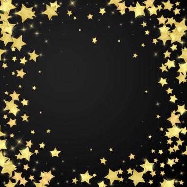 Sihirli yıldızlar vektör kaplaması. Altın yıldızlar rasgele etrafa saçılmış, düşüyor, yüzüyor. Kaotik rüya gibi çocuksu bir şablon. siyah arkaplan.