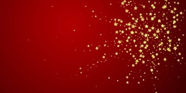 Sihirli yıldızlar vektör kaplaması. Altın yıldızlar rasgele etrafa saçılmış, düşüyor, yüzüyor. Kaotik rüya gibi çocuksu bir şablon. Kırmızı arkaplanda vektör büyüsü.