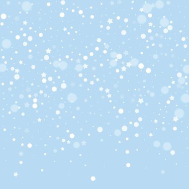 Karlı bir Noel geçmişi var. Hafif uçan kar taneleri ve açık mavi kış arka planındaki yıldızlar. Narin, tatlı, karlı bir Noel. Kare vektör illüstrasyonu.