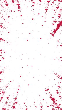 Düşen kalpler sevgililer günü kartı şablonu. Kırmızı kalpler beyaz arka plana saçılmış. Kaotik düşen kalpler vektör illüstrasyonu.