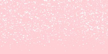 Düşen kalpler sevgililer günü kartı şablonu. Beyaz kalpler pembe arka plana saçılmış. Kaotik düşen kalpler vektör illüstrasyonu.