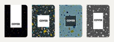 Okul not defteri kapağı tasarımı. Doğal taşlar, granit, kuvars ve mermerden yapılmış terrazzo soyut arka plan. Venedik terrazzo desenli okul not defteri şablonu.