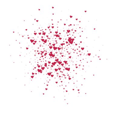Sevgililer Günü için uçan kalpler. Kırmızı kalpler beyaz arka plana saçılmış. Güzel uçan kalpler vektör illüstrasyonu.