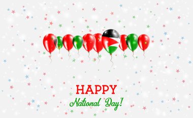 Jordan Bağımsızlık Günü Parlayan Vatansever Posteri. Ürdün Bayrağının Renklerinde Balonlar Sırası. Ulusal Bayraklı, Konfeti ve Yıldızlı Tebrik Kartı.