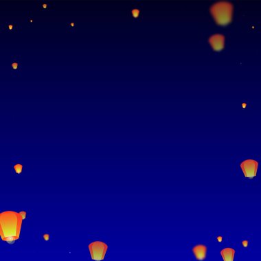 Loy Krathong festival kartı. Gece gökyüzünde kağıt fener ışıkları uçuşan Tayland tatili. Loy Krathong kutlaması. Koyu mavi arkaplanda vektör illüstrasyonu.
