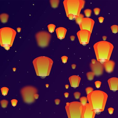 Gece gökyüzünde süzülen gökyüzü fenerleri. Gece gökyüzünde kağıt fener ışıkları uçuşan Tayland tatili. Gökyüzü feneri festivali kutlaması. Mor gradyan arkaplan üzerindeki vektör illüstrasyonu.