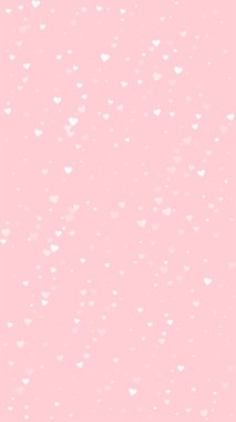 Düşen kalpler sevgililer günü kartı şablonu. Beyaz kalpler pembe arka plana saçılmış. Kaotik düşen kalpler vektör illüstrasyonu.