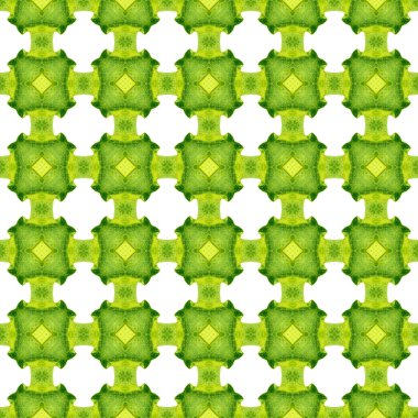 Watercolor ikat repeating tile border. Green amusing boho chic summer design. Textile ready sightly print, swimwear fabric, wallpaper, wrapping. Ikat repeating swimwear design. clipart