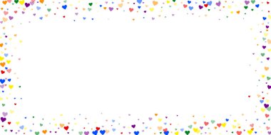 Düşen kalpler sevgililer günü kartı şablonu. Gökkuşağı renkli dağınık kalpler. LGBT sevgililer günü kartı. Kaotik düşen kalpler vektör illüstrasyonu.