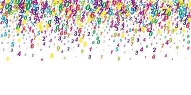 Rengarenk sayılar düşüyor. Uçan parmaklarla matematik çalışma konsepti. Beyaz arka planda matematik afişi. Düşen sayılar vektör illüstrasyonu.