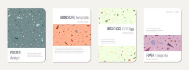 Broşür kapağı tasarımı. Doğal taşlar, granit, kuvars ve mermerden yapılmış terrazzo soyut arka plan. Venedik Terrazzo Doku Broşürü.