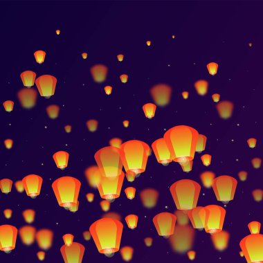 Gece gökyüzünde süzülen gökyüzü fenerleri. Gece gökyüzünde kağıt fener ışıkları uçuşan Tayland tatili. Gökyüzü feneri festivali kutlaması. Mor gradyan arkaplan üzerindeki vektör illüstrasyonu.