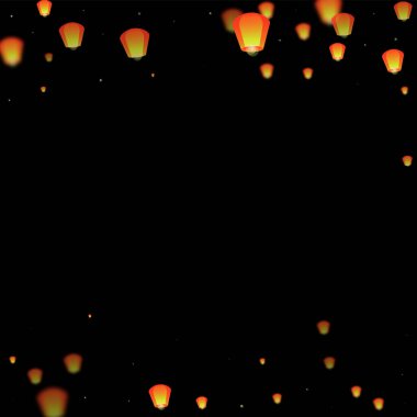 Loy Krathong festival kartı. Gece gökyüzünde kağıt fener ışıkları uçuşan Tayland tatili. Loy Krathong kutlaması. Siyah arkaplanda vektör illüstrasyonu.