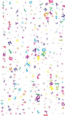 Uçan Latince mektuplar. İngiliz alfabesinin renkli çocuksu dağılmış çardakları. Yabancı diller öğrenim kavramı. Beyaz arkaplanda okul afişine geri dön.