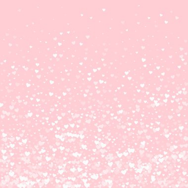 Düşen kalpler sevgililer günü kartı şablonu. Beyaz kalpler pembe arka plana saçılmış. Kaotik düşen kalpler vektör illüstrasyonu.