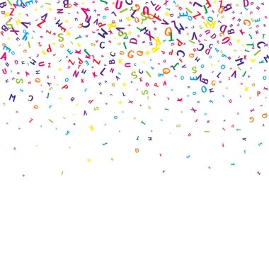 Dağınık Latin alfabesi harfleri. İngiliz dilinin renkli yüzen karakterleri. Yabancı diller öğrenim kavramı. Beyaz arkaplanda okul afişine geri dön.