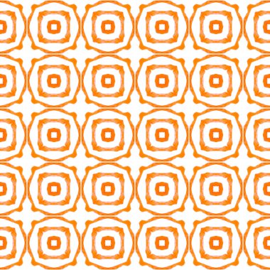 Döşemeli suluboya arka plan. Turuncu sanatsal boho şık yaz tasarımı. Tekstil hazır Gerçek baskı, mayo kumaş, duvar kağıdı, ambalaj. Elle boyanmış suluboya kenar.