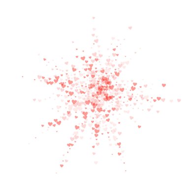 Kalp konfetisi sevgililer günü kaplaması. Kırmızı kalpler beyaz arka plana saçılmış. Joyfull Heart konfeti vektör çizimi