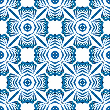 Suluboya yaz etnik sınır düzeni. Mavi fantastik boho şık yaz tasarımı. Tekstil hazır hoş baskı, mayo kumaş, duvar kağıdı, ambalaj. Etnik el boyası desen.