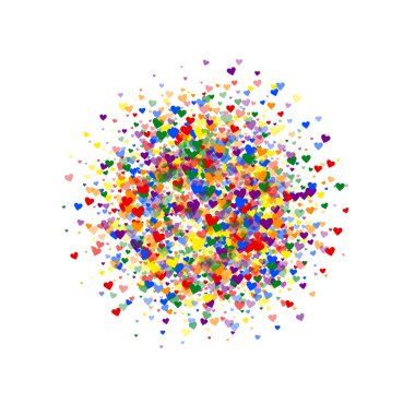 Sevgililer günü kalpleri, uçmak, düşmek, süzülmek. Gökkuşağı renkli dağınık kalpler. LGBT sevgililer günü kartı. Sevimli sevgililer günü vektör illüstrasyonu.