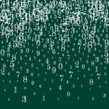 Okul matematik not defteri kapağı. Havada süzülen beyaz tebeşir sayıları. Tahta arka planda matematik afişi var. Düşen sayılar vektör illüstrasyonu.
