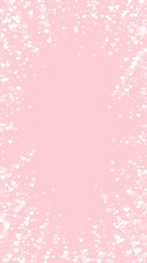 Serpiştirilmiş kalpler sevgililer günü şablonu. Beyaz kalpler pembe arka plana saçılmış. Kutlama serpiştirilmiş kalp vektör illüstrasyonu.