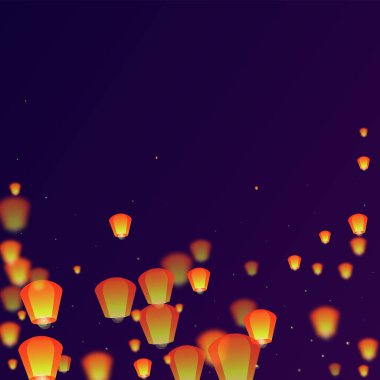 Yi Peng festival kartı. Gece gökyüzünde kağıt fener ışıkları uçuşan Tayland tatili. Geleneksel Yi Peng kutlaması. Mor gradyan arkaplan üzerindeki vektör illüstrasyonu.