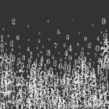 Okul geçmişi kavramı. Beyaz tebeşir sayıları ve rakamlar düşüyor. Tahta arka planda matematik afişi var. Düşen sayılar vektör illüstrasyonu.