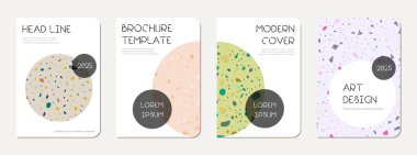 Broşür kapağı tasarımı. Doğal taşlar, granit, kuvars ve mermerden yapılmış terrazzo soyut arka plan. Venedik Terrazzo Doku Broşürü.