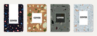 Okul günlüğü kapağı tasarımı. Doğal taşlar, granit, kuvars ve mermerden yapılmış terrazzo soyut arka plan. Venedik terrazzo doku okul günlüğü şablonu.