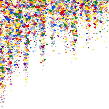 Sevgililer günü kalpleri, uçmak, düşmek, süzülmek. Gökkuşağı renkli dağınık kalpler. LGBT sevgililer günü kartı. Sevimli sevgililer günü vektör illüstrasyonu.