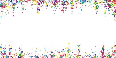 Okul geçmişi kavramı. Renkli çocuksu sayılar ve rakamlar düşüyor. Beyaz arka planda matematik afişi. Düşen sayılar vektör illüstrasyonu.