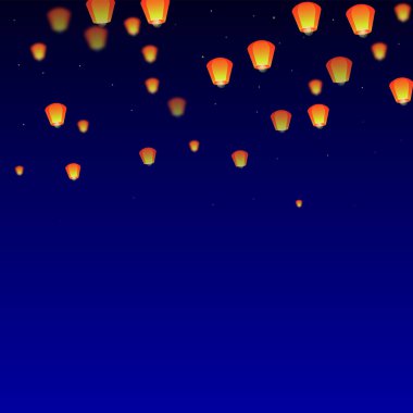 Yi Peng festival kartı. Gece gökyüzünde kağıt fener ışıkları uçuşan Tayland tatili. Geleneksel Yi Peng kutlaması. Koyu mavi arkaplanda vektör illüstrasyonu.