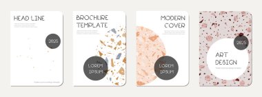 Broşür kapağı tasarımı. Doğal taşlar, granit, kuvars ve mermerden yapılmış terrazzo soyut arka plan. Venedik Terrazzo Doku Broşürü.