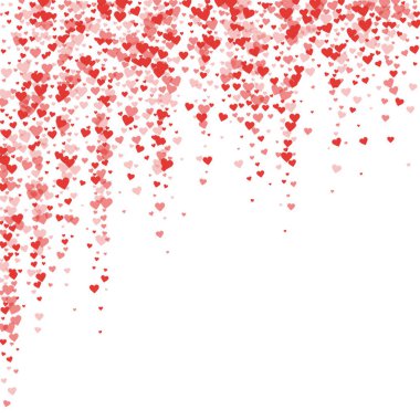 Düşen kalpler sevgililer günü kartı şablonu. Kırmızı kalpler beyaz arka plana saçılmış. Kaotik düşen kalpler vektör illüstrasyonu.