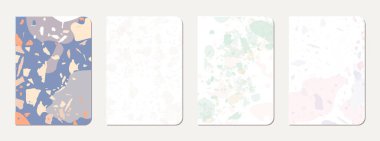 Not defteri kapağı tasarımı. Doğal taşlar, granit, kuvars ve mermerden yapılmış terrazzo soyut arka plan. Venedik terrazzo doku dizüstü bilgisayar kapağı şablonu.