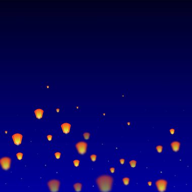 Gece gökyüzünde süzülen gökyüzü fenerleri. Gece gökyüzünde kağıt fener ışıkları uçuşan Tayland tatili. Gökyüzü feneri festivali kutlaması. Koyu mavi arkaplanda vektör illüstrasyonu.