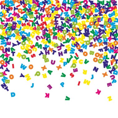 İngilizce 'nin harfleri düşüyor. Latin alfabesinin renkli, çocuksu uçan karakterleri. Yabancı diller öğrenim kavramı. Okula dönüş afişi .