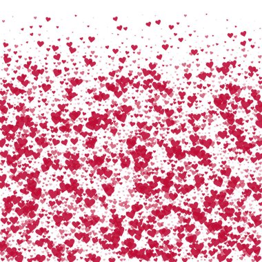 Sevgililer günü kalpleri, uçmak, düşmek, süzülmek. Kırmızı kalpler beyaz arka plana saçılmış. Sevimli sevgililer günü vektör illüstrasyonu.
