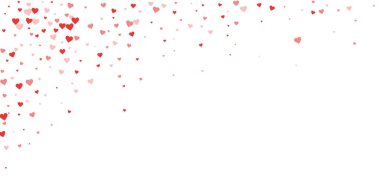 Sevgililer günü kalpleri, uçmak, düşmek, süzülmek. Kırmızı kalpler beyaz arka plana saçılmış. Sevimli sevgililer günü vektör illüstrasyonu.