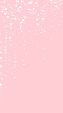 Serpiştirilmiş kalpler sevgililer günü şablonu. Beyaz kalpler pembe arka plana saçılmış. Kutlama serpiştirilmiş kalp vektör illüstrasyonu.