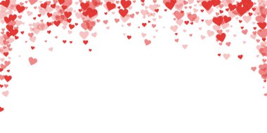 Sevgililer günü kalpleri, uçmak, düşmek, süzülmek. Kırmızı kalpler beyaz arka plana saçılmış. Sevimli sevgililer günü vektör illüstrasyonu.