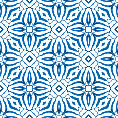 Sembol suluboya deseni. Mavi sulu boho şık yaz tasarımı. Yeşil geometrik sembolün suluboya sınırı. Tekstil hazır harika baskı, mayo kumaş, duvar kağıdı, ambalaj..