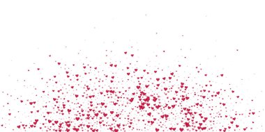 Düşen kalpler sevgililer günü kartı şablonu. Kırmızı kalpler beyaz arka plana saçılmış. Kaotik düşen kalpler vektör illüstrasyonu.