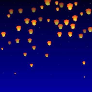 Yi Peng festival kartı. Gece gökyüzünde kağıt fener ışıkları uçuşan Tayland tatili. Geleneksel Yi Peng kutlaması. Koyu mavi arkaplanda vektör illüstrasyonu.