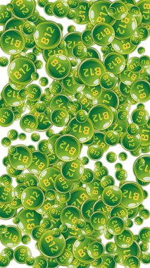 B12 vitamini pasaklı yuvarlak haplar. Güzellik ve beslenme cilt bakımı. Sağlıklı yaşam konsepti. Temel vitamin vektör illüstrasyonu. 