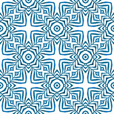 Sembol suluboya deseni. Mavi müthiş boho şık yaz tasarımı. Tekstil hazır stil baskısı, mayo kumaş, duvar kağıdı, ambalaj. Yeşil geometrik sembolü suluboya kenarı.