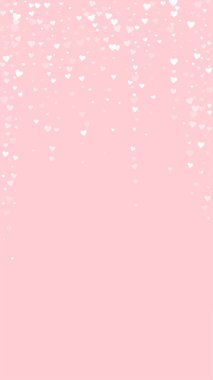 Düşen kalpler sevgililer günü kartı şablonu. Beyaz kalpler pembe arka plana saçılmış. Kaotik düşen kalpler vektör illüstrasyonu.